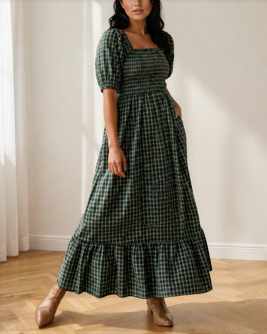 Daisy Plaid Square Neck Shirred High Waist Ruffle Hem Dress