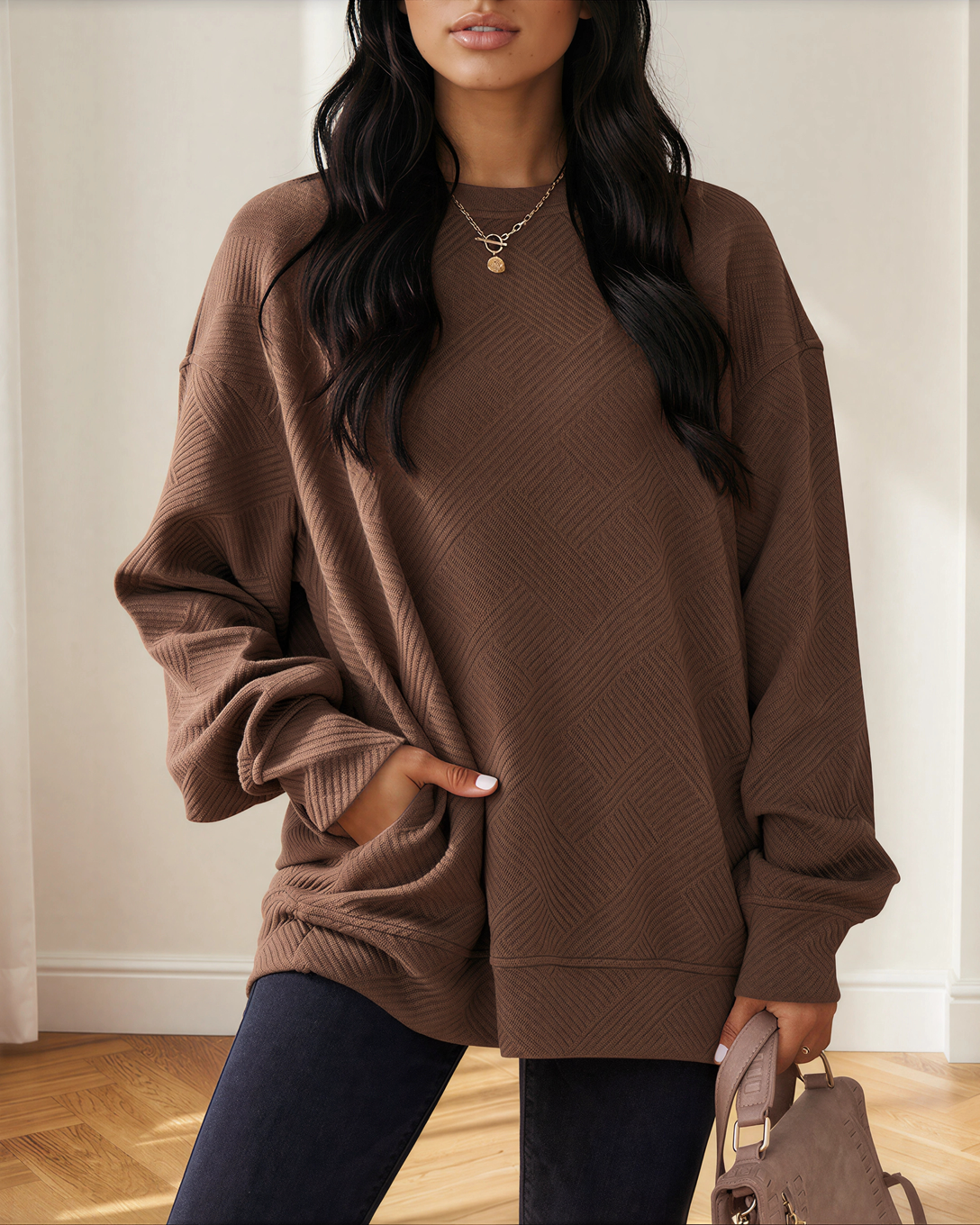 Brynn Textured Round Neck Drop Shoulder Pullover Sweatshirt