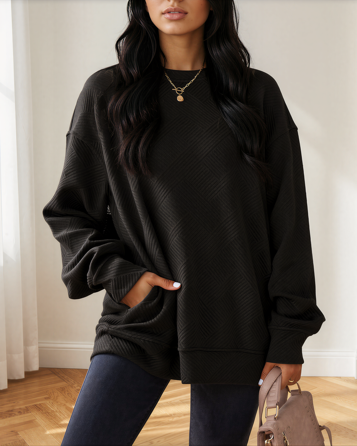 Brynn Textured Round Neck Drop Shoulder Pullover Sweatshirt