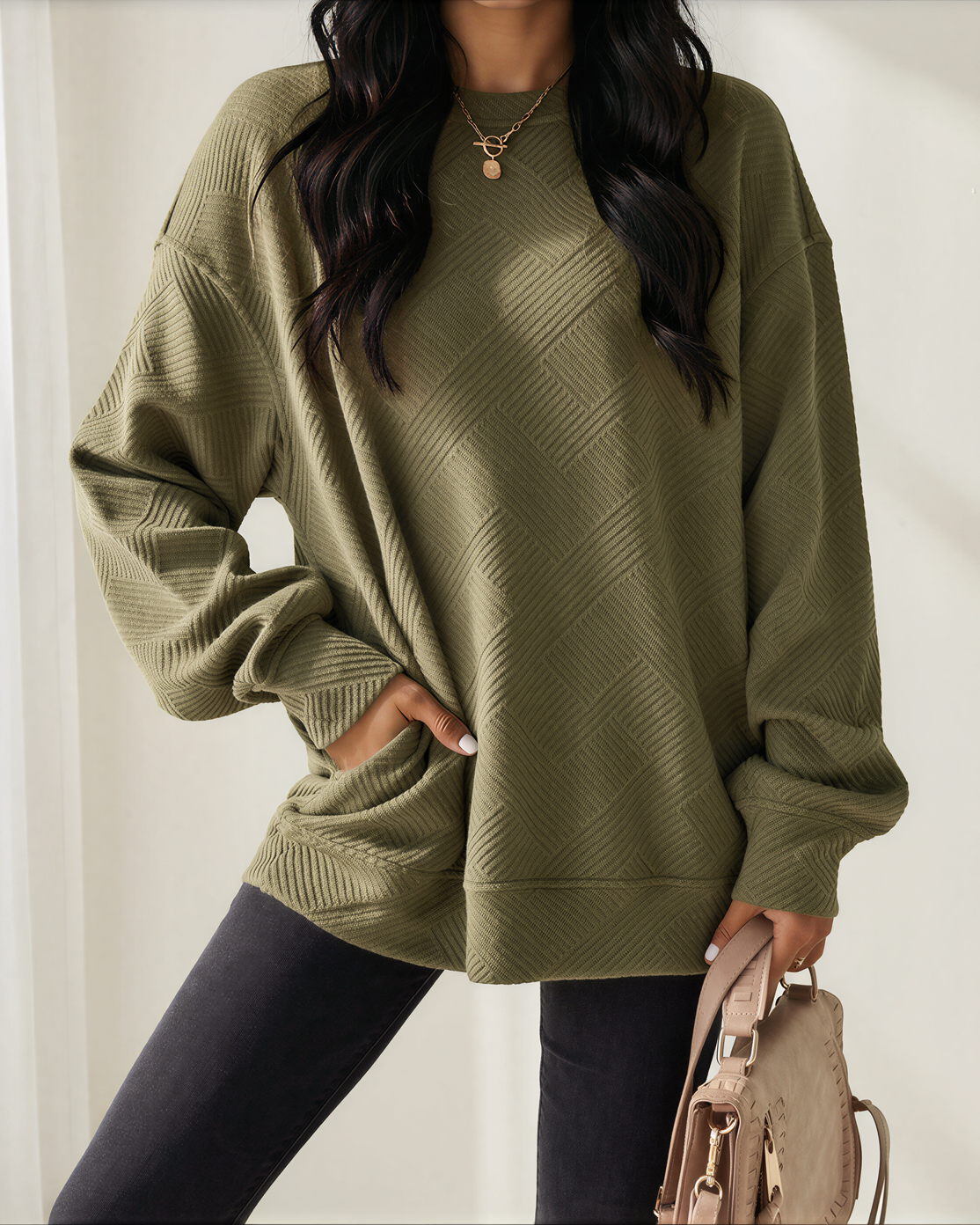 Brynn Textured Round Neck Drop Shoulder Pullover Sweatshirt