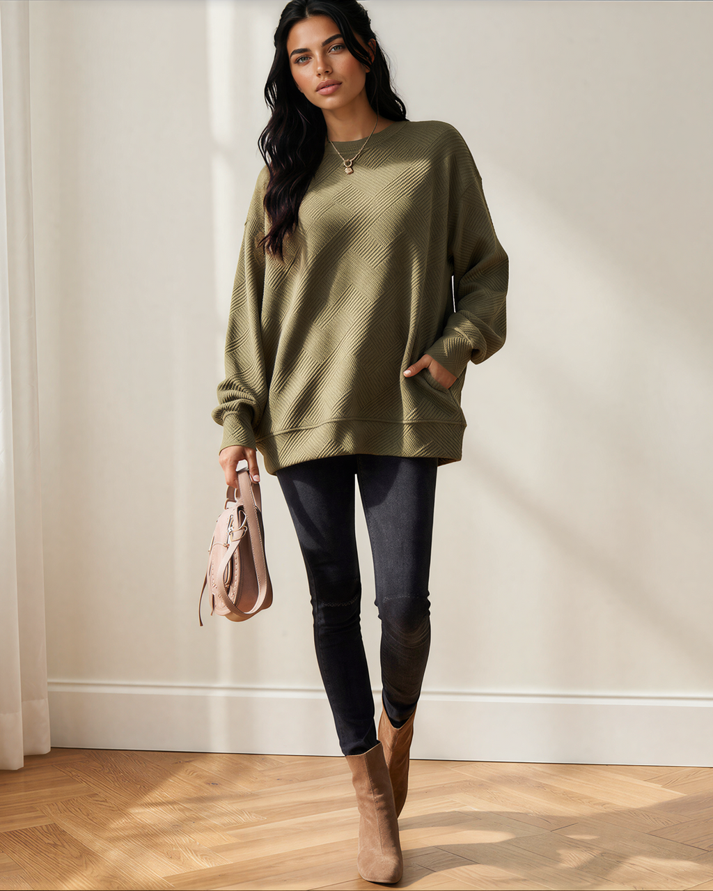 Brynn Textured Round Neck Drop Shoulder Pullover Sweatshirt